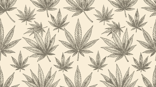 Vintage handdrawn seamless pattern featuring detailed marijuana cannabis leaf and botanical hemp foliage, organic herbal texture on a rustic background, professional medicinal vector design.