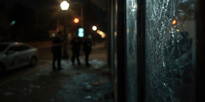 Shattered shop window scene following unsuccessful burglary attempt