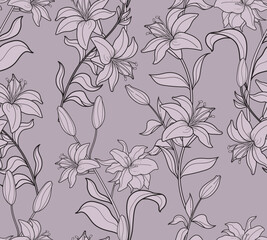 Fototapeta premium seamless continuous pattern of beige lilies on a gray background.eps