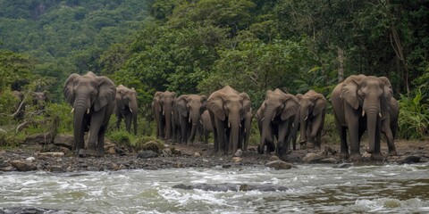 Fototapeta premium Elephants gathering by a river in a lush green landscape