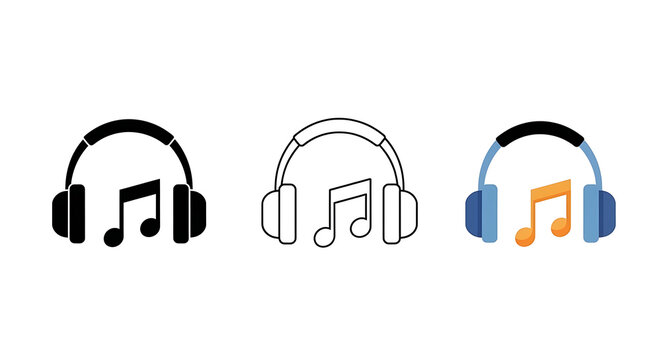 Modern headphones icons set with music notes