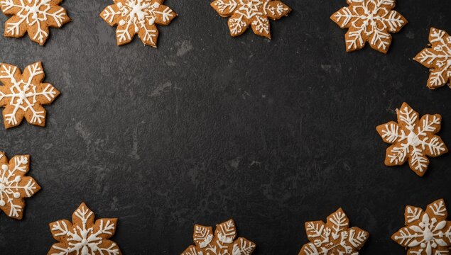 Top perspective of decorated gingerbread snowflakes on black textured background with room for text