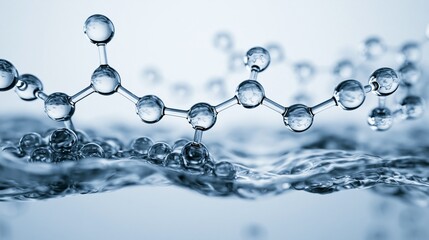 Obraz premium A luminous scientific illustration of water molecules gathering at a liquid interface as polymer chains form, clean white lab background, curious mood, cool blue lighting, cross-section composition.
