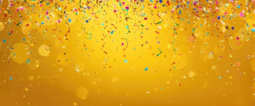 Colorful confetti and ribbons against a gold background