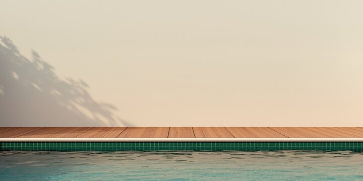 Contemporary poolside deck with green tile accents and wooden floor against blank wall