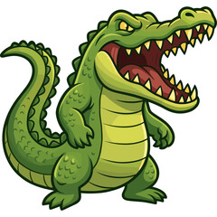 Fototapeta premium A cartoon crocodile is standing and roaring loudly outside in the wild.