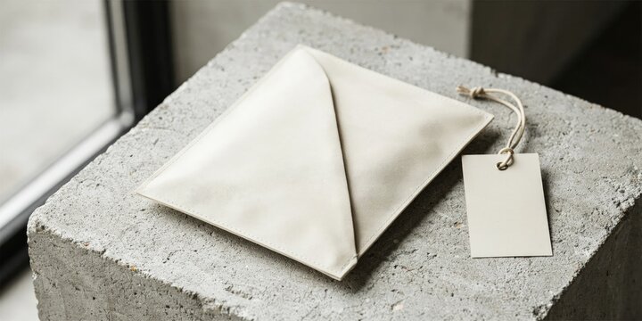 Off-white envelope pouch with blank paper tag on a rough concrete block