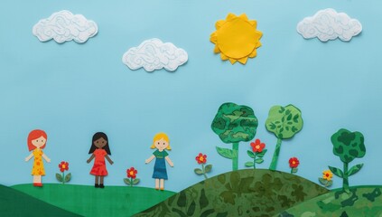 Naklejka premium Paper applique earth theme with children and sprout on calming blue event background