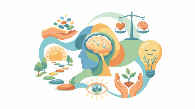 A colorful illustration of a person's head with brain and surrounding symbols
