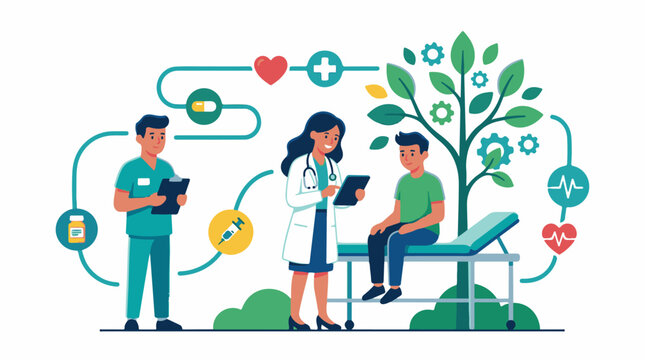 A medical professional and nurse attend to a patient on an examination table with a plant and health symbols
