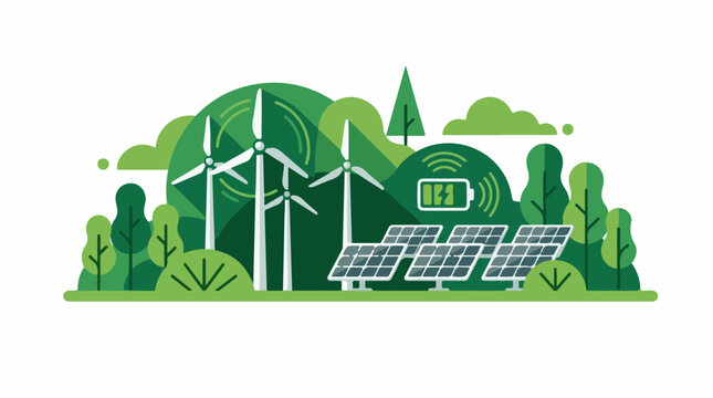 A green landscape with wind turbines and solar panels