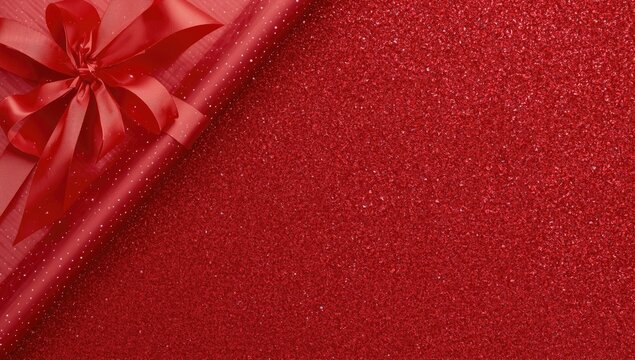 Red glitter wrapping paper with a satin ribbon and bow