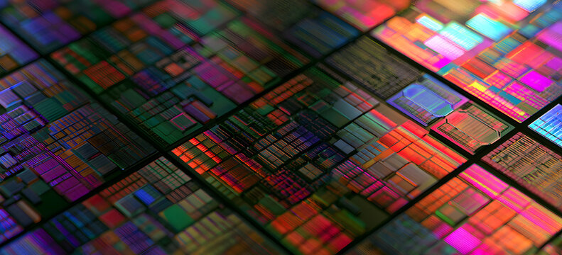 Advanced Macro Photography of a Polychrome Silicon Wafer with Microchip Designs for AI Hardware and Semiconductor Industry Ideologies.