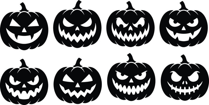 Collection of 8 unique black silhouette halloween pumpkins