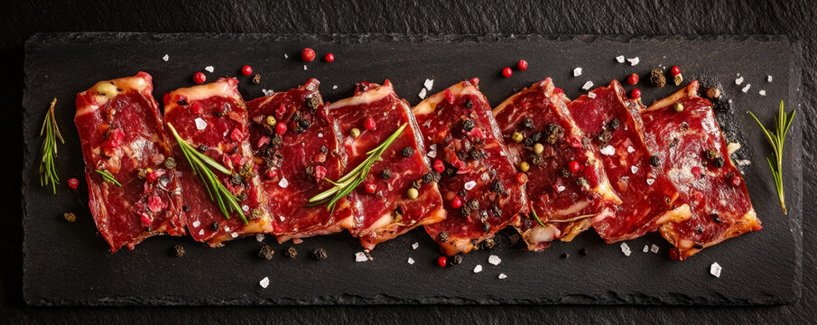 Elegant Cured Meat Banner with Rosemary and Spices on Dark Slate