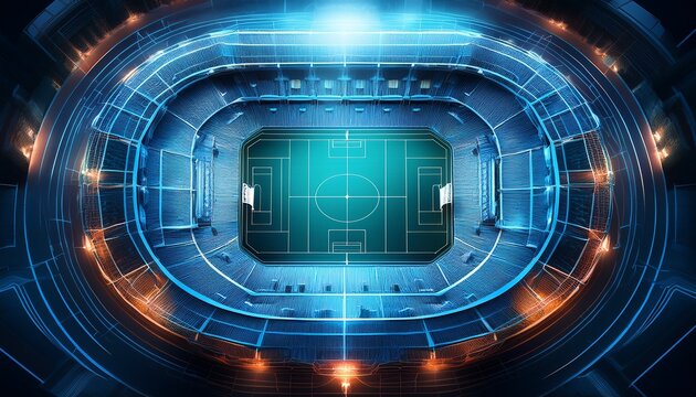 futuristic blue wireframe soccer stadium from a top down perspective featuring a clean symmetrical layout and a warm overhead glow
