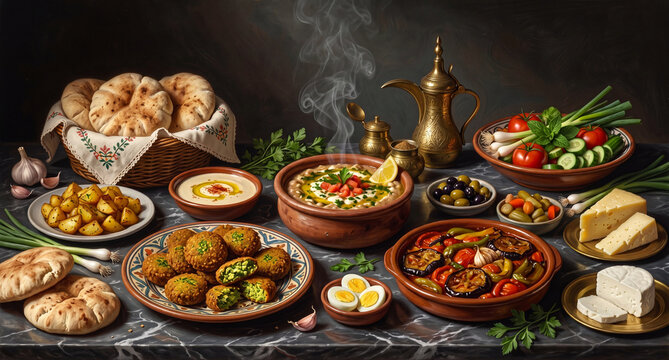 Middle Eastern traditional banquet table with falafel and fava beans.