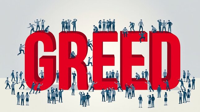 Large red lettering spelling GREED surrounded by crowds of tiny silhouettes.