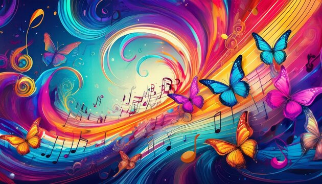 colorful music notes and butterflies fly through a vibrant swirling abstract background