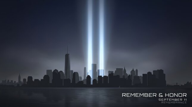 Conceptual memorial artwork for September 11 remembrance featuring abstract light beams rising from Twin Towers location within a monochrome New York skyline silhouette. 