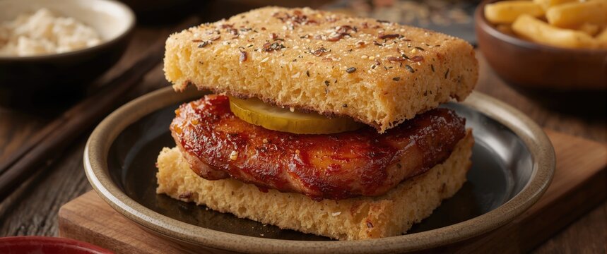 Barbecue chicken sandwich on herb bread with pickles