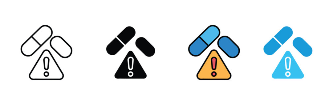 Medicine pill warning icon set, medication side effects or danger symbol, pharmaceutical hazard and healthcare safety alert vector
