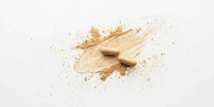 White background with maca powder and traditional herbal capsules
