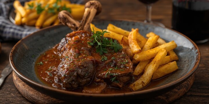 Home made osso buco stew featuring fragrant herb sauce red wine and golden crispy fries