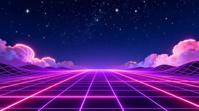 Futuristic neon landscape with grid and stars