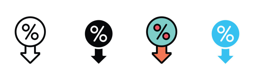 Percentage discount down arrow icon set, price reduction and sales promotion symbol, financial interest rate drop marketing vector