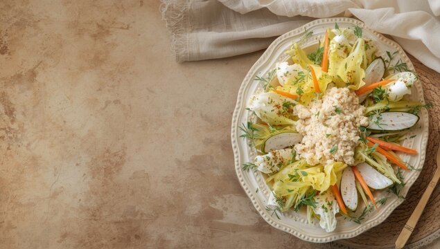 Plate of cultural cuisine with traditional gefilte fish adorned with fresh carrots lettuce and herbs