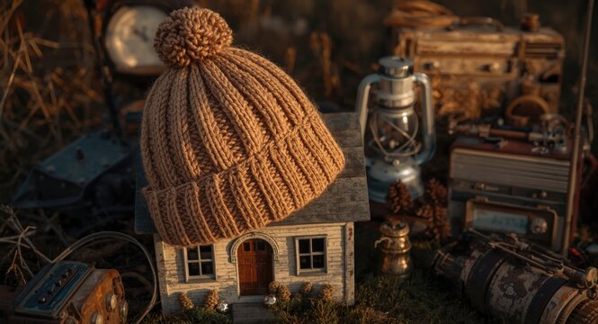 Cozy knitted hat placed on toy house outdoors with vintage heating theme