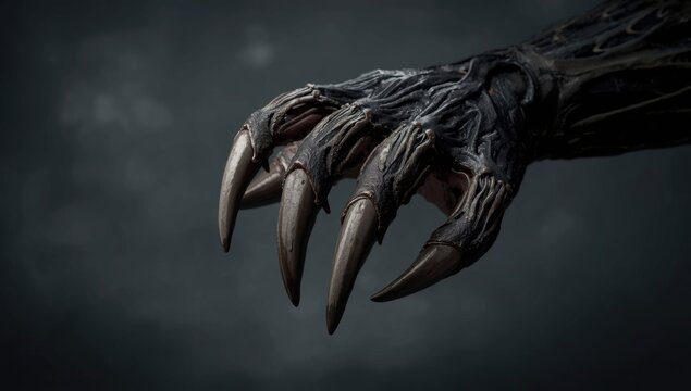 Close-up of a dark, textured clawed hand