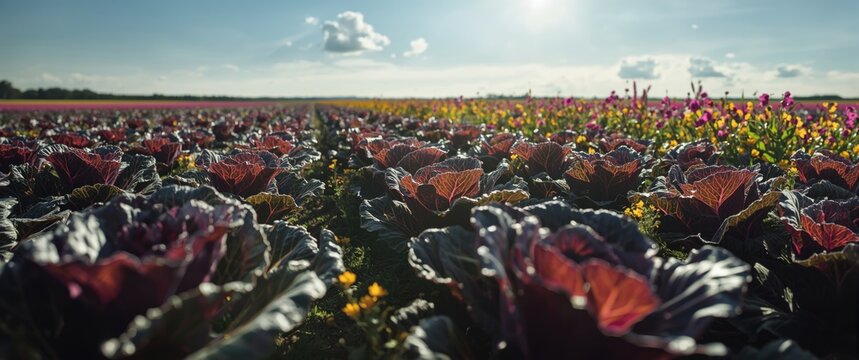 Rich purple cabbage plants flourishing in a colorful field under clear summer sunlight