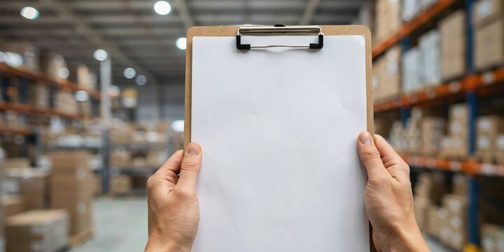 First person view of hands holding a blank clipboard in a warehouse