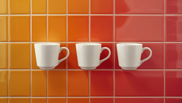Three matching cups placed consecutively against a bold and bright tiled wall with copy space