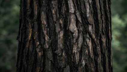 Fototapeta premium Detailed close-up of textured tree bark with black tones