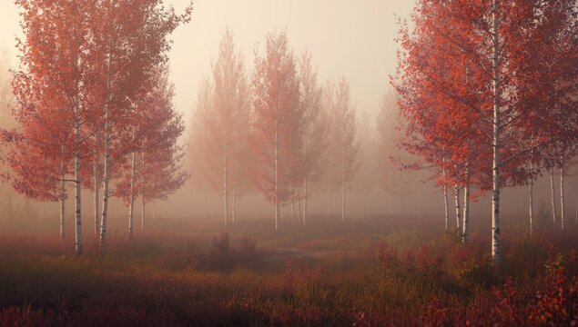 Misty autumn wilderness with birch trees flaunting brilliant red and violet leaves and open blank space