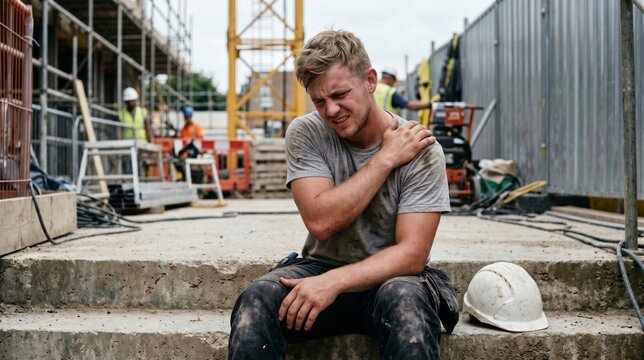 Stressed young construction worker sitting on concrete steps at a building site holding his shoulder in pain after an injury