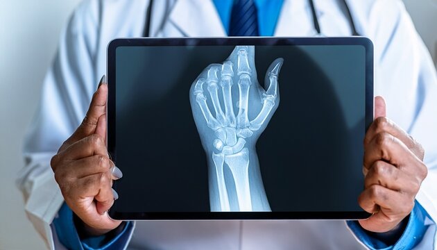 x ray scan medical radiograph wrist forearm bone fracture trauma injury diagnosis on tablet screen in hospital clinic showing skeletal detail for orthopedic care and emergency radiology evaluation