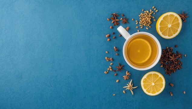 Herbal tea with lemon and spices on a blue background