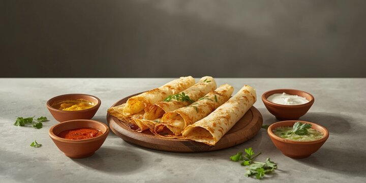 Stuffed parathas on a wooden plate with dipping sauces