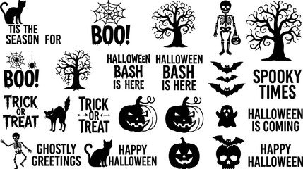 Halloween themed black silhouette graphic design elements with spooky trees ghosts bats pumpkins skeletons cats spiders and holiday greetings on white background © Afia