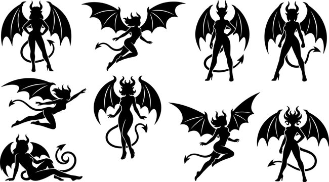 Collection of various devil silhouettes with wings and tails in different poses on white background