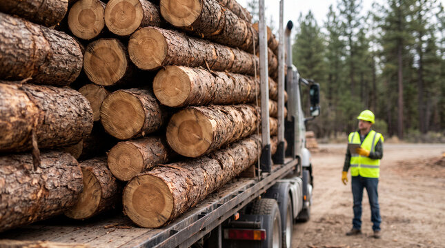 A forestry worker in a highvisibility vest and hard hat inspects a loaded logging truck in a forest setting