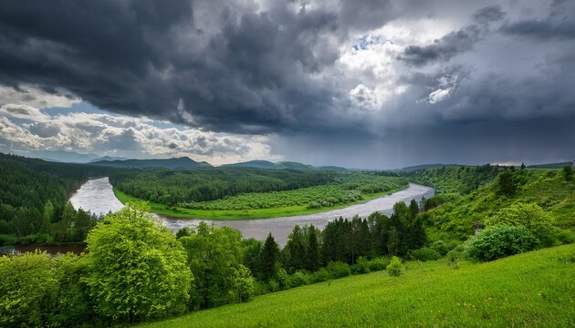 beautiful spring landscape with river valley and lush green forests under rain clouds