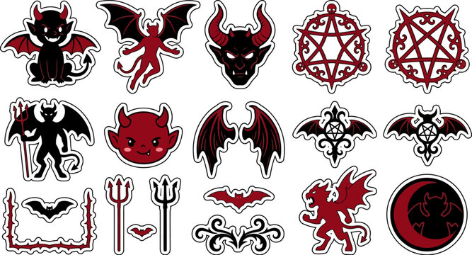 Halloween sticker set with various devil and bat designs in red and black  isolated on transparent background