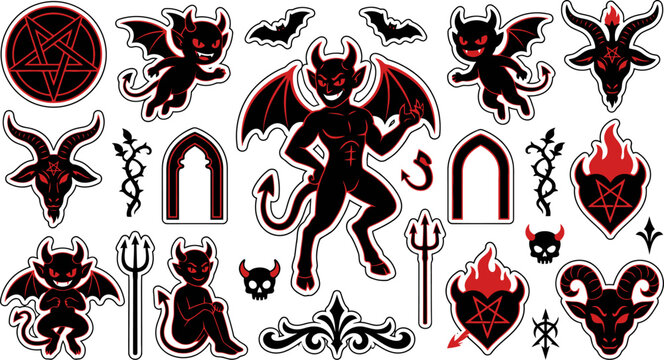 Collection of devil and satanic symbols stickers with red and black color scheme on white background