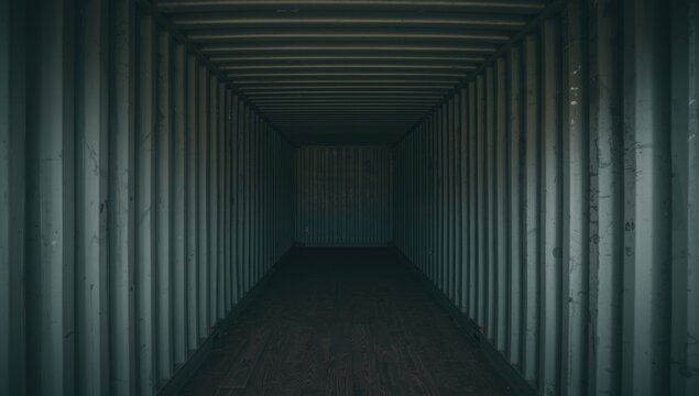 View of an empty shipping container with open doors for storage purposes