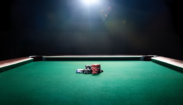 empty poker table with dramatic overhead spot lighting green felt surface